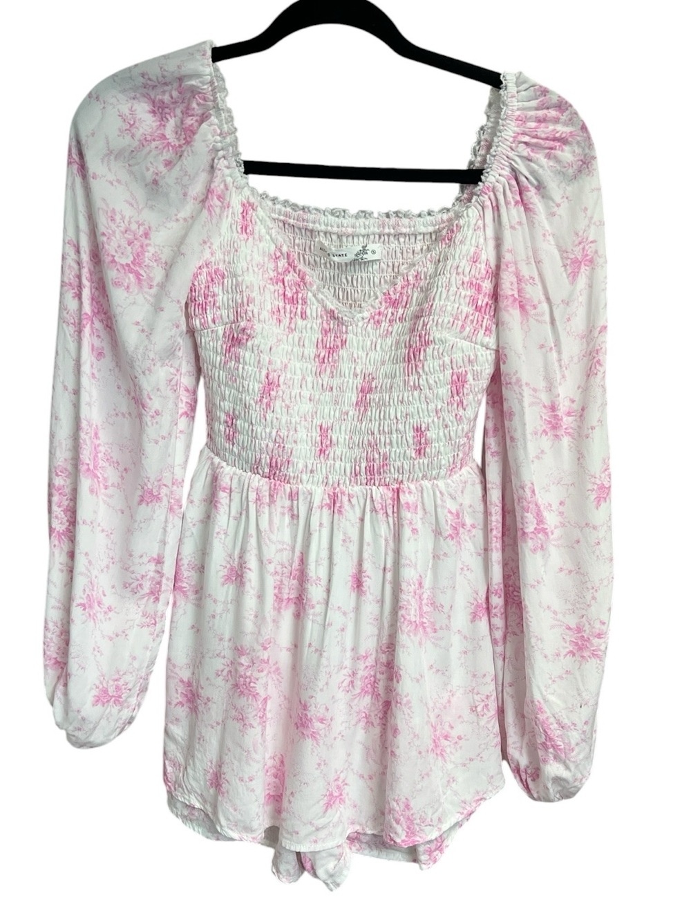 Altar’d State White & Pink Floral Smocked Long Sleeve Romper